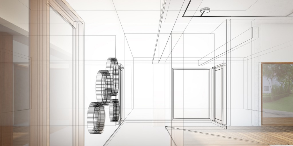 Couloir d'un bâtiment en 3D et effet plan